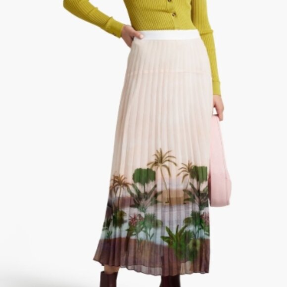 NWOT SANDRO Jodie Pleated Printed Chiffon Midi Skirt in Pastel Pink Size 3 $340